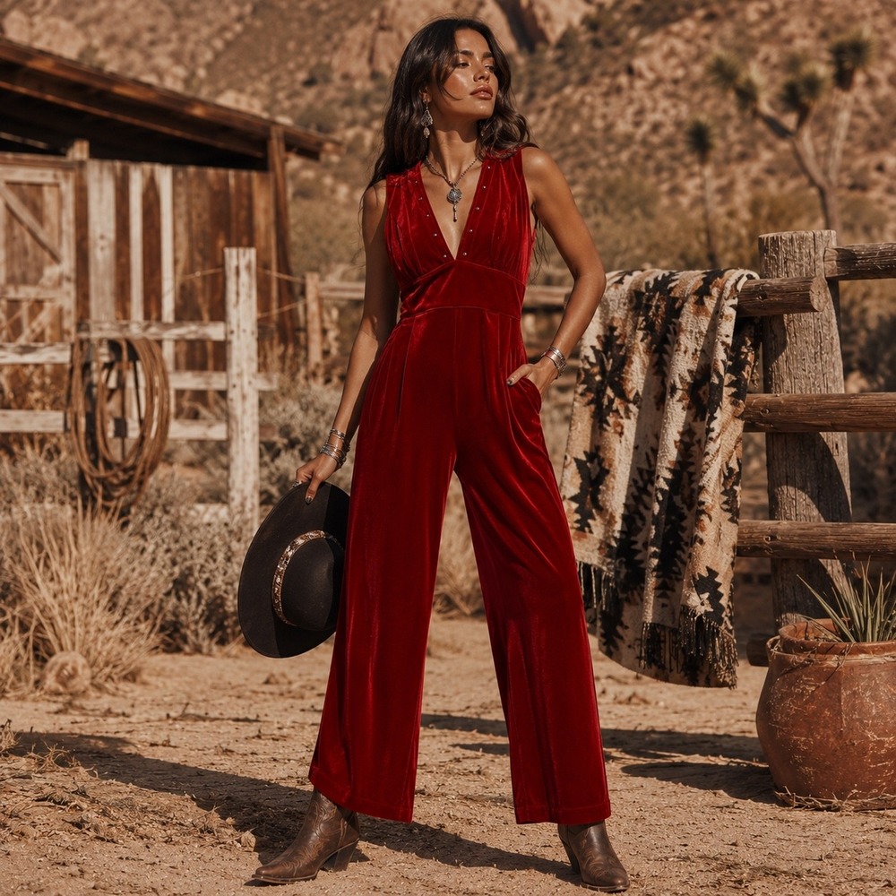 VTG Silverado Womens Red Velvet Studded V-Neck Wide Leg Jumpsuit S Western Glam